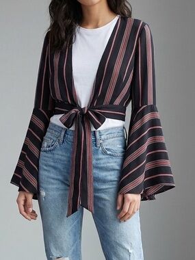 Symphony Striped Tie-Front Top with Wide Sleeves